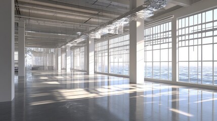 Obraz premium Empty industrial space with expansive windows.