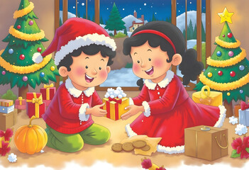 Illustration of a Christmas Celebration with Gifts