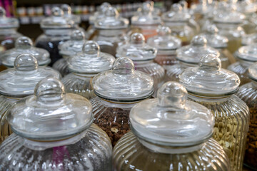glass jars with ecological products, Eco shop, Granada, Andalusia, Spain