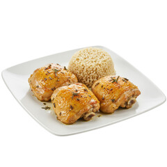 Deliciously grilled chicken thighs served with fluffy rice on a white plate