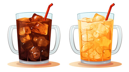 Vector Cartoon Design of Iced Coffee Mug and Tea Glass for Refreshing Drink Concept