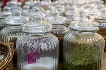 glass jars with ecological products, Eco shop, Granada, Andalusia, Spain