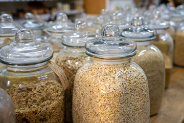 glass jars with ecological products, Eco shop, Granada, Andalusia, Spain