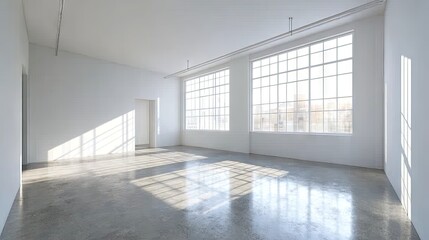 Fototapeta premium Spacious, sunlit interior of a modern, empty loft.