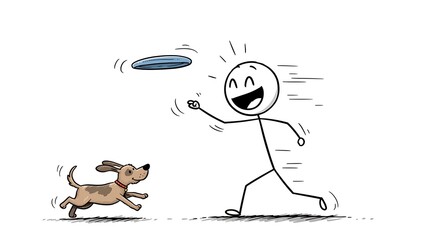 Joyful Stick Figure and Dog Play Fetch with Frisbee Cartoon Illu