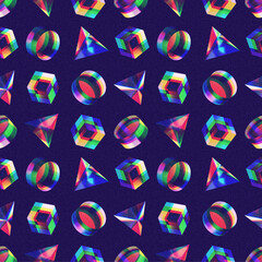 The seamless color dispersion pattern with 3d geometric shapes and grain paper effect