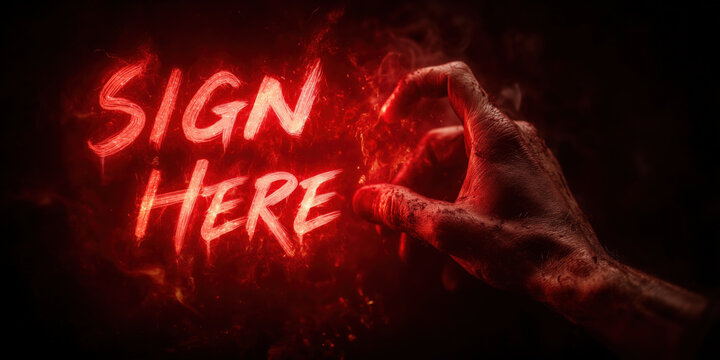 Devil hand reaching toward glowing red sign here text, fiery magical atmosphere, deal with the devil concept