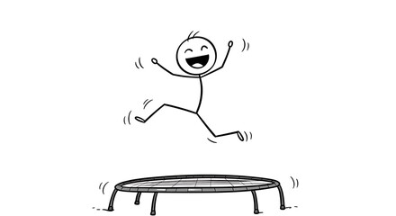 Joyful stick figure bouncing exuberantly on a trampoline, radiating playful energy