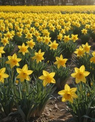 Obraz premium Sunlit field of vibrant yellow daffodils in full bloom , bright, petal texture
