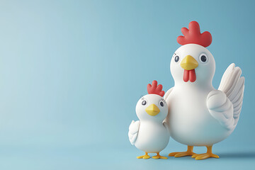 Playful cartoon chickens standing together against a soft blue background, symbolizing family and fun