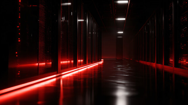 Modern data center server room with red lighting, technology web racks, cloud power system.
