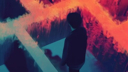 Contemplative figure standing at the entrance of an orange labyrinth of unknown origin and purpose, presenting themes of challenge and the unknown.