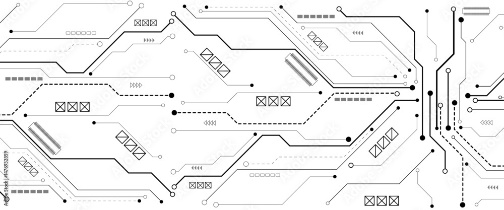 Poster Abstract digital technology futuristic internet network speed connection white and black background. Technology background with crossed lines and dots.