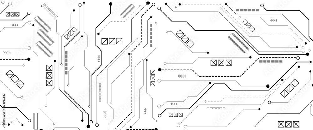 Aufkleber Abstract CPU processor or semiconductor with Power icon with glowing pixels on technology circuit board. Technology background with crossed lines and dots.