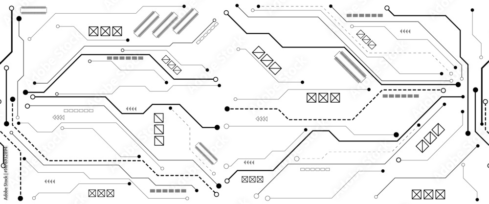 Poster Abstract digital technology futuristic internet network speed connection white and black background. Technology background with crossed lines and dots.