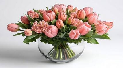 Pink tulips and other pink flowers in a clear, glass round vase on white backdrop. Perfect for love, romance, spring, events, or general greeting card design.