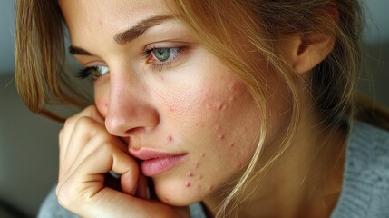 A woman with a green eye and a red face