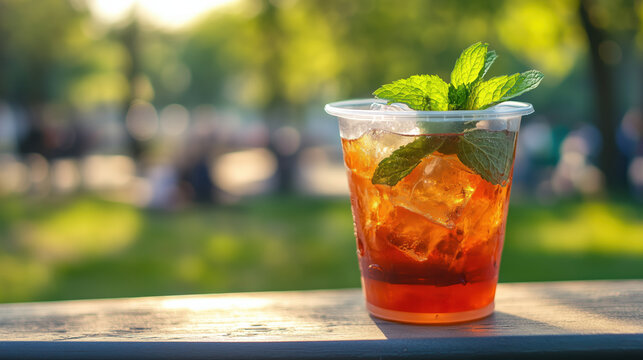 Refreshing iced tea with mint leaves on a sunny day in a park setting surrounded by greenery and people enjoying leisure activities