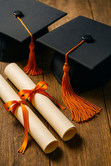 Two graduation caps with tassels and two diplomas tied with orange ribbons on a wooden surface