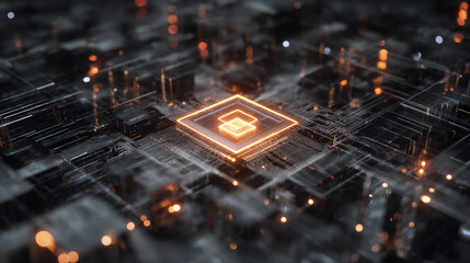 Glowing circuit mesh flowing around AI core