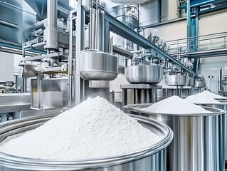 Stainless-steel containers filled with white powder and machine dispensing in factory.