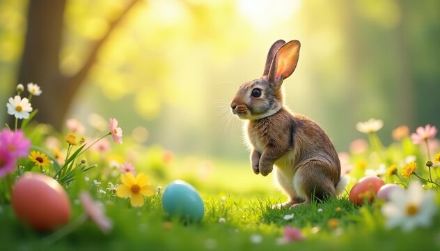 Easter bunny hopping through spring flowers on Easter Monday , white, fauna