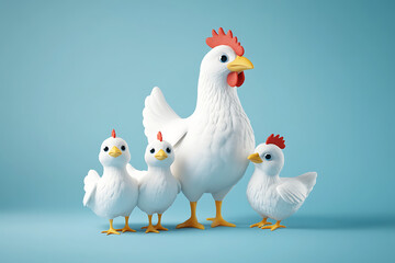 Fototapeta premium A cheerful cartoon chicken family poses together against a soft blue background, ideal for children's media