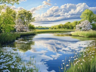 Fototapeta premium Serene landscape featuring a tranquil river reflecting the sky and surrounding greenery, with blooming flowers along the banks and fluffy clouds drifting above