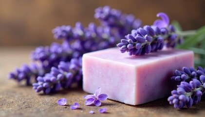 Lavender soap bar with fresh lavender flowers, spa, aromatherapy , aroma, flower