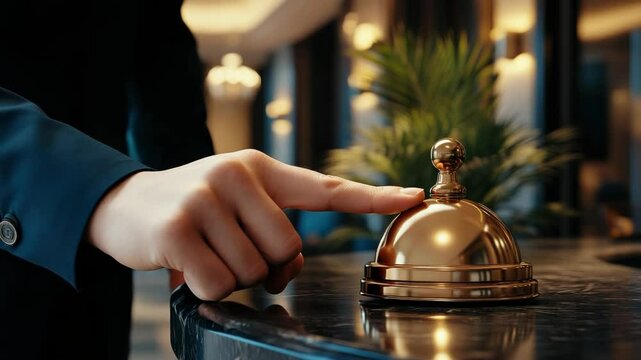 Close-up of a hand pressing a metallic service bell on a luxury hotel reception desk, symbolizing hospitality, customer service, concierge assistance, and premium guest experience.