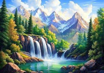 A mountain waterfall painting with snow-capped peaks, misty clouds, emerald pool, lush multicolored forest, and flying birds.