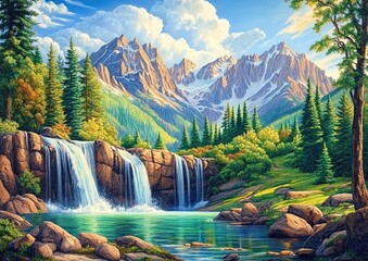 Fototapeta premium A mountain waterfall painting with snow-capped peaks, misty clouds, emerald pool, lush multicolored forest, and flying birds.