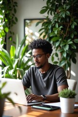 Fototapeta premium Focused Young African American Man Using Laptop in a Modern Office Surrounded by Abundant Greenery