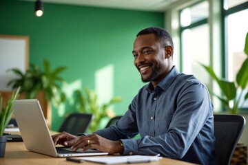 Mid-Age African American Man Smiling While Working on Laptop in a Modern Green Office with Business Casual Shirt