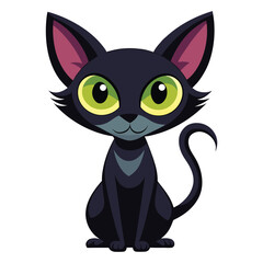 Cute cartoon black cat with big green eyes