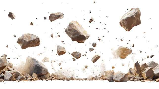 Dynamic Illustration of falling Rocks, Dust, and Debris on White Background