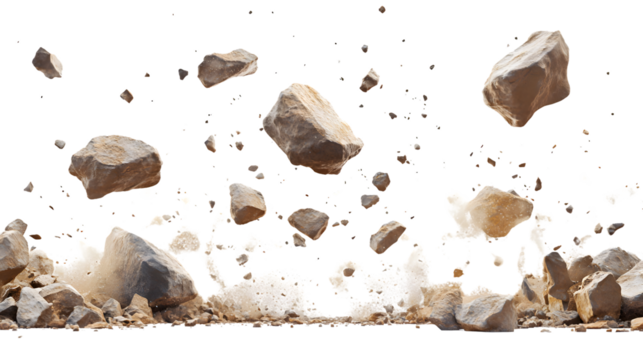 Dynamic Illustration of falling Rocks, Dust, and Debris on White Background
