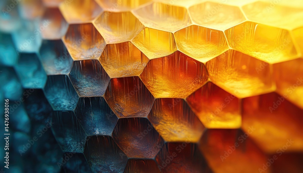 Poster macro view of shiny honeycomb cells in blue and gold tones. a good background for science, technolog