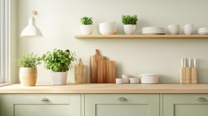 Fototapeta premium A stylish green kitchen featuring Scandi design influences. 