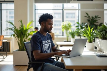 Focused Young Mixed-Race Man Using Laptop in Bright Co-Working Space with Modern Plant Dividers