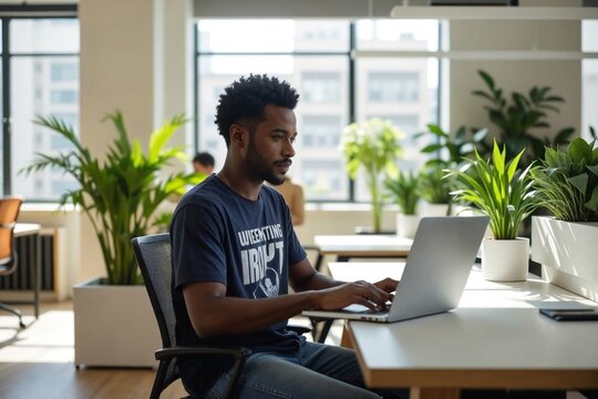 Focused Young Mixed-Race Man Using Laptop in Bright Co-Working Space with Modern Plant Dividers