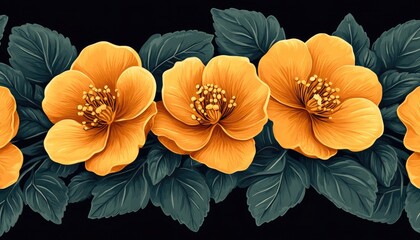 Obraz premium Elegant gold floral row featuring bright flowers and dark green leaves. Great for background design, textiles, print products, and digital art.