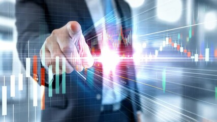 Businessman pointing forward with futuristic digital interface elements in the background. - Powered by Adobe