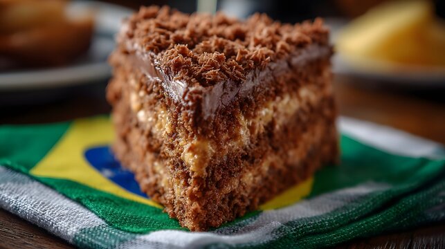 Decadent chocolate cake slice with creamy layers and chocolate shavings on a vibrant cloth, showcasing a treat.