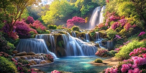 Multilayered waterfall in colorful forest with clear water, rocks, and sunlit mist.