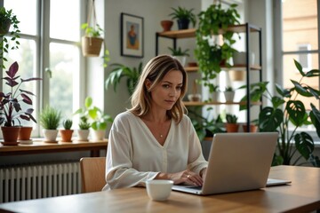 Relaxed Mid-Age Caucasian Woman Using Laptop in Sunlit Office with Cascading and Hanging Plants from Shelves