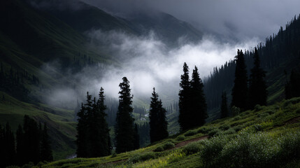 Mountain landscape with fog rolling through the valley and surrounding trees.