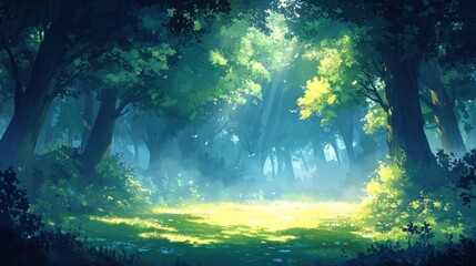 Fototapeta premium Lush forest glade bathed in sunlight
