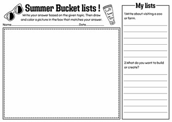 Summer Bucket List Worksheet for Grades 2-6, Creative Writing, Drawing & Coloring Activity, End of Year or Summer Activity, Writing Prompt