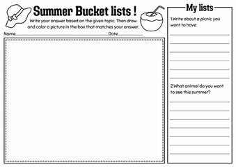 Summer Bucket List Worksheet for Grades 2-6, Creative Writing, Drawing & Coloring Activity, End of Year or Summer Activity, Writing Prompt